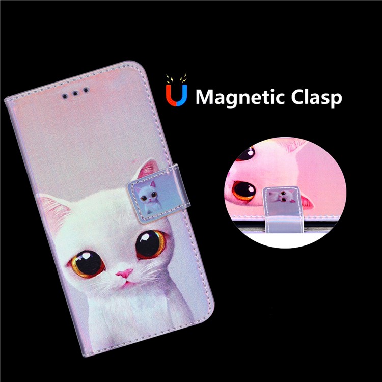 Laser Carving Pattern Printing PU Leather Wallet Cover Case for Samsung Galaxy S10 - White Cat-3