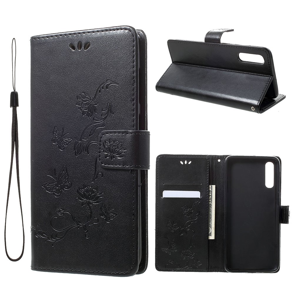Imprint Butterfly Flowers Leather Wallet Stand Case for Samsung Galaxy A70 - Black-1