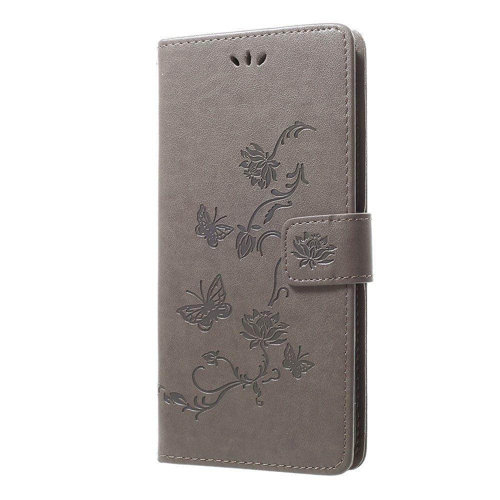 Etui De Support De Portefeuille En Cuir De Fleurs Papillon D'empreinte Pour Samsung Galaxy A70 - Gris-2