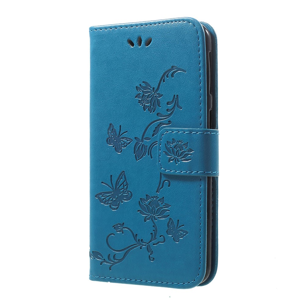 Imprint Butterfly Flower Stand Wallet Leather Shell Case for Samsung Galaxy A40 - Blue-2