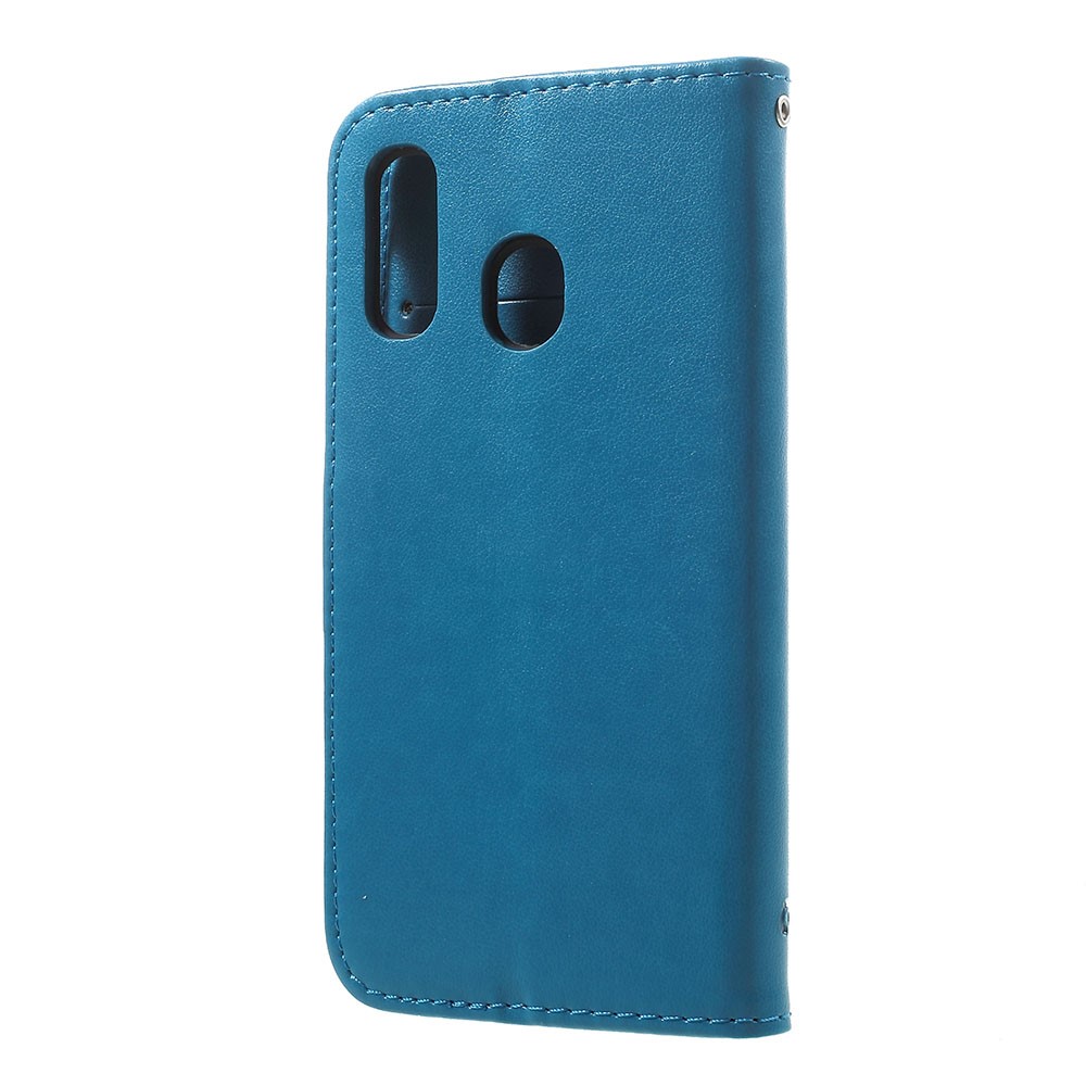 Imprint Butterfly Flower Stand Wallet Leather Shell Case for Samsung Galaxy A40 - Blue-3