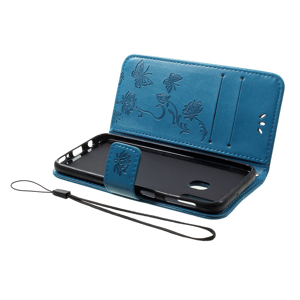 Imprint Butterfly Flower Stand Wallet Leather Shell Case for Samsung Galaxy A40 - Blue-5