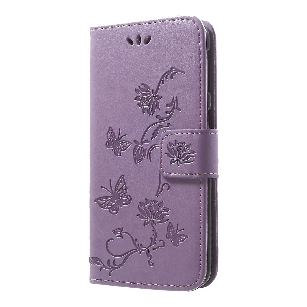 Imprint Butterfly Flower Stand Wallet Leather Shell Case for Samsung Galaxy A40 - Light Purple-2