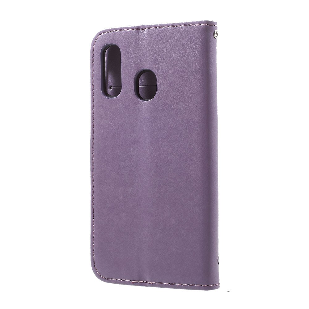 Imprint Butterfly Flower Stand Wallet Leather Shell Case for Samsung Galaxy A40 - Light Purple-3