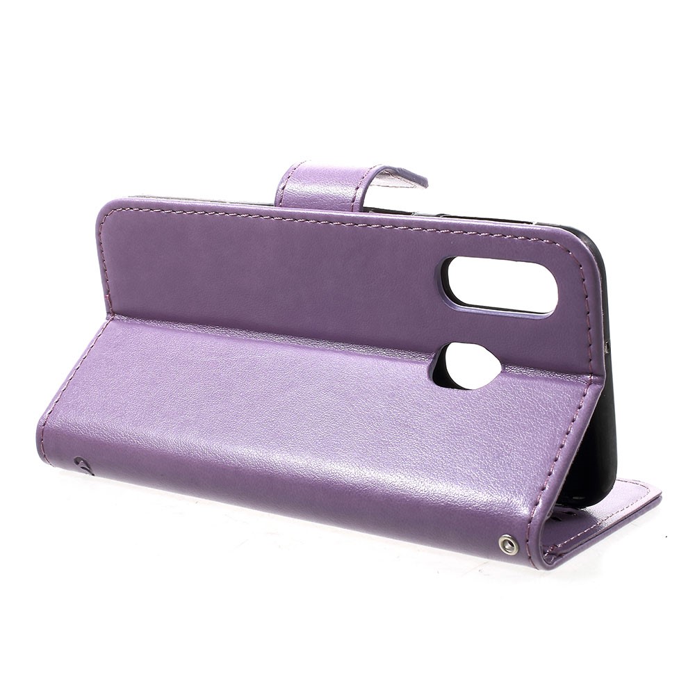 Imprint Butterfly Flower Stand Wallet Leather Shell Case for Samsung Galaxy A40 - Light Purple-4
