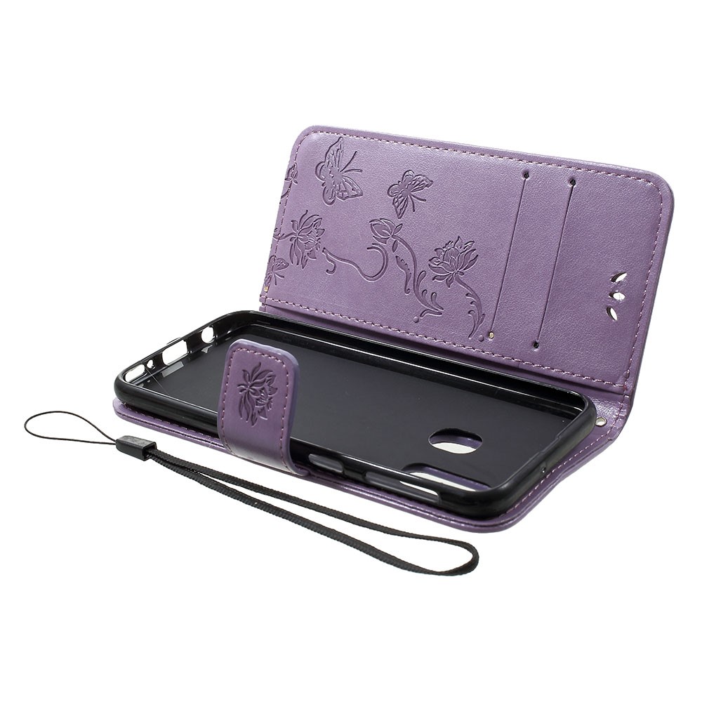 Imprint Butterfly Flower Stand Wallet Leather Shell Case for Samsung Galaxy A40 - Light Purple-5