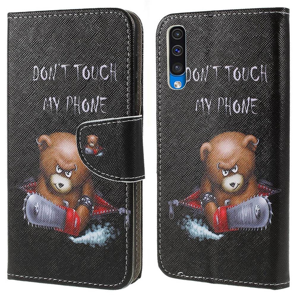 Pattern Printing Cross Texture PU Leather Wallet Flip Casing for Samsung Galaxy A50/A20/A30 - Brown Bear and Warning Words-1