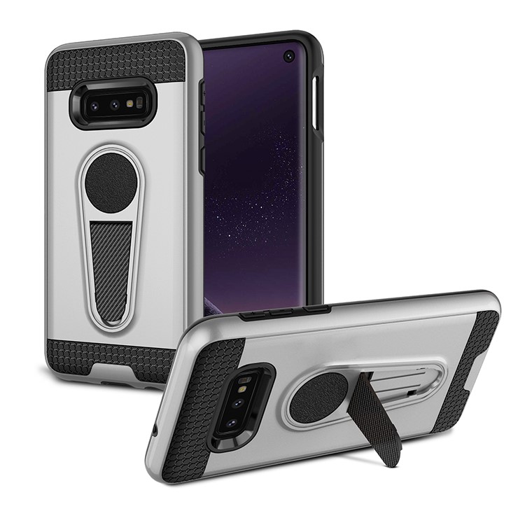 Carbon Fiber Texture PC + TPU Hybrid Kickstand Cover for Samsung Galaxy S10e (Built-in Magnetic Holder Metal Sheet) - Silver-1