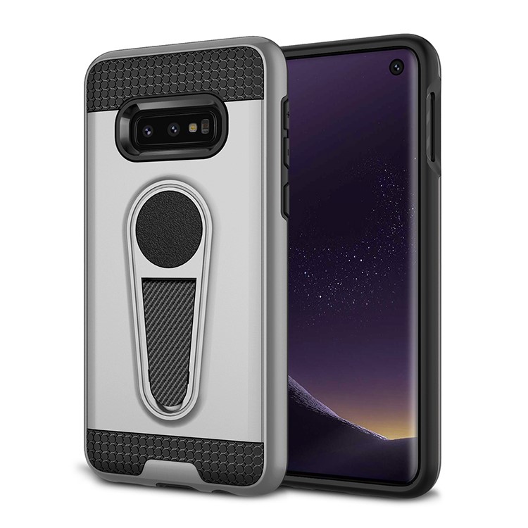 Carbon Fiber Texture PC + TPU Hybrid Kickstand Cover for Samsung Galaxy S10e (Built-in Magnetic Holder Metal Sheet) - Silver-2