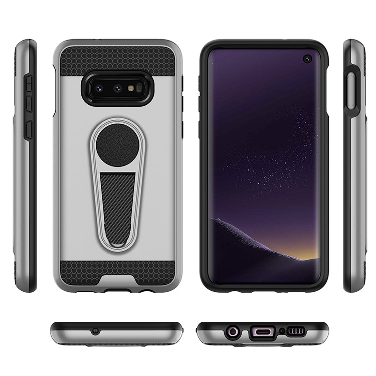 Carbon Fiber Texture PC + TPU Hybrid Kickstand Cover for Samsung Galaxy S10e (Built-in Magnetic Holder Metal Sheet) - Silver-3