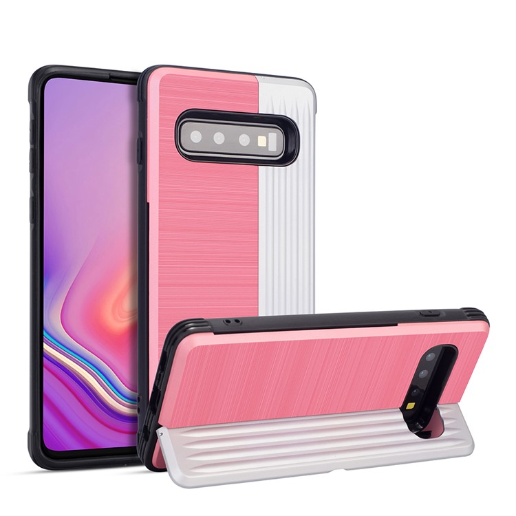 

PC TPU Dual Layer Hybrid Back Case for Samsung Galaxy S10 Plus with Kickstand and Card Slot - Pink / Silver, Galaxy S10 Plus