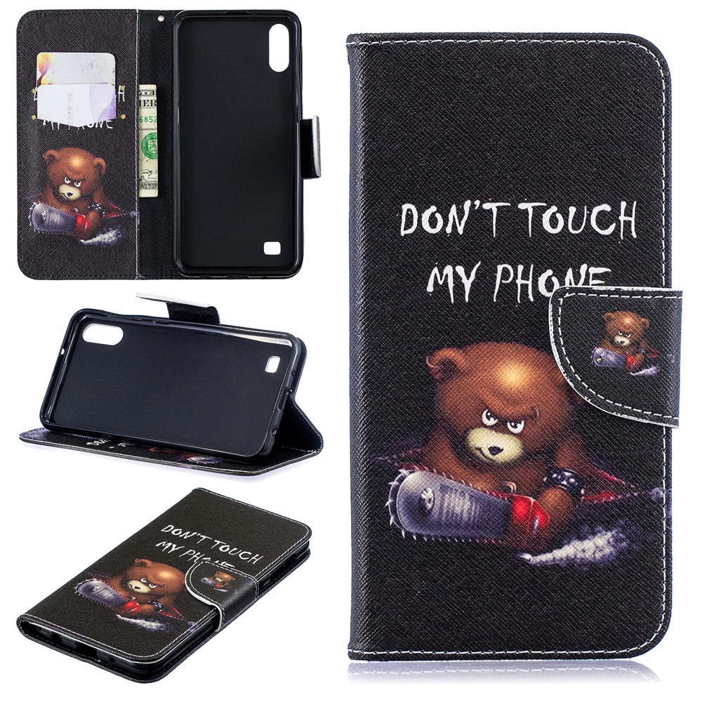 Pattern Printing Leather Wallet Case for Samsung Galaxy A10 - Brown Bear and Warning Words-1