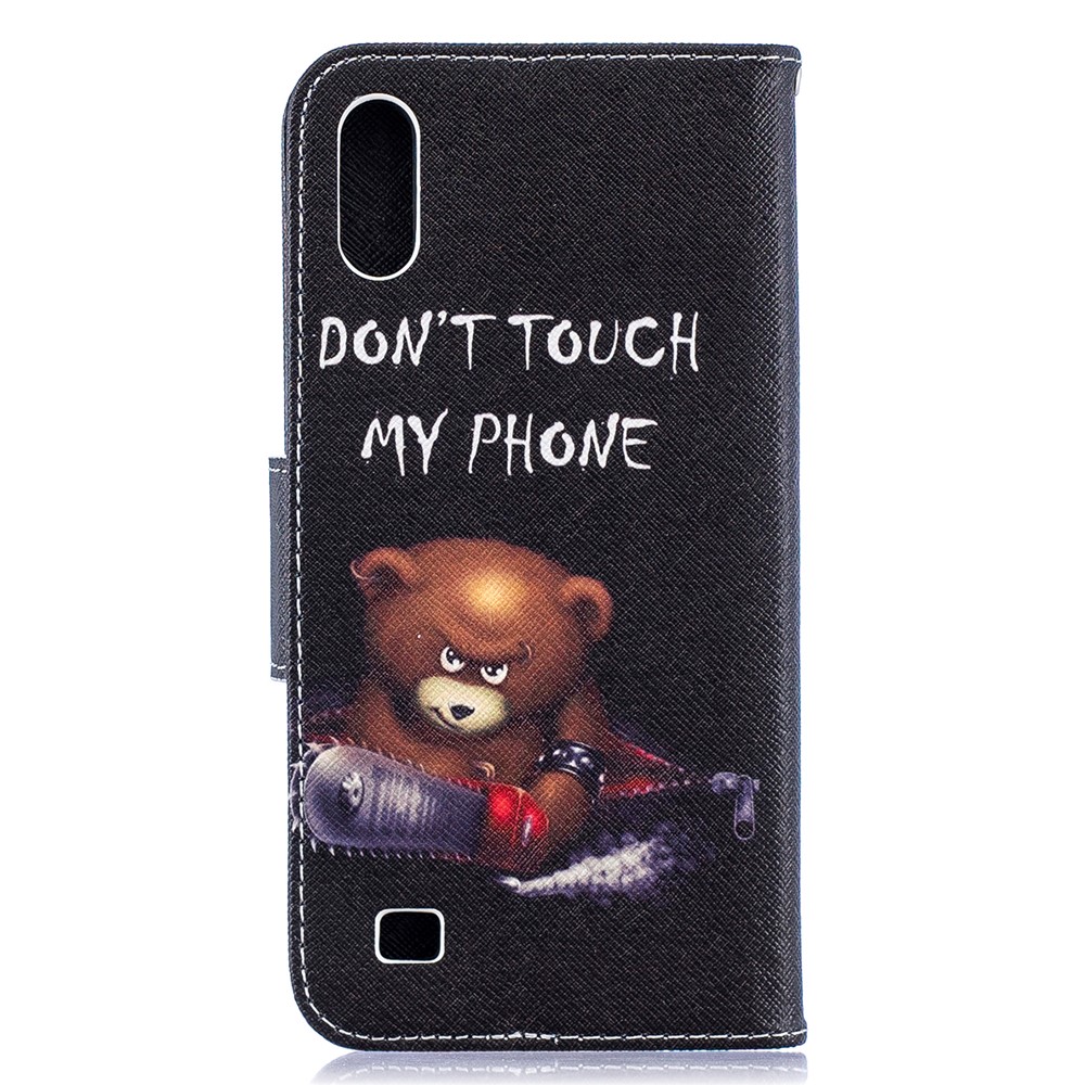 Pattern Printing Leather Wallet Case for Samsung Galaxy A10 - Brown Bear and Warning Words-3