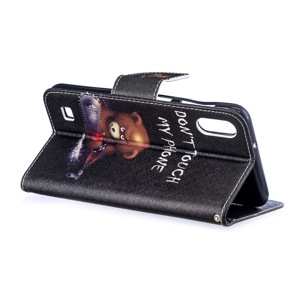 Pattern Printing Leather Wallet Case for Samsung Galaxy A10 - Brown Bear and Warning Words-4