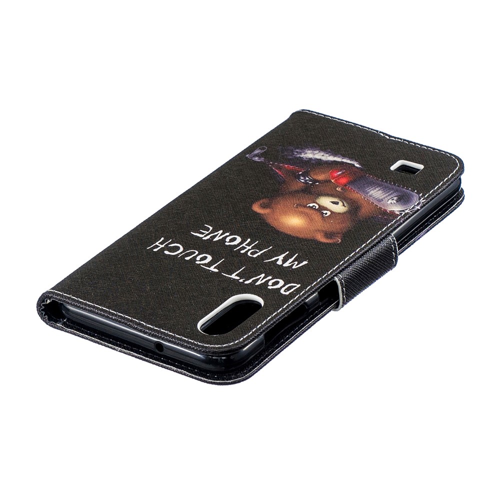 Pattern Printing Leather Wallet Case for Samsung Galaxy A10 - Brown Bear and Warning Words-7