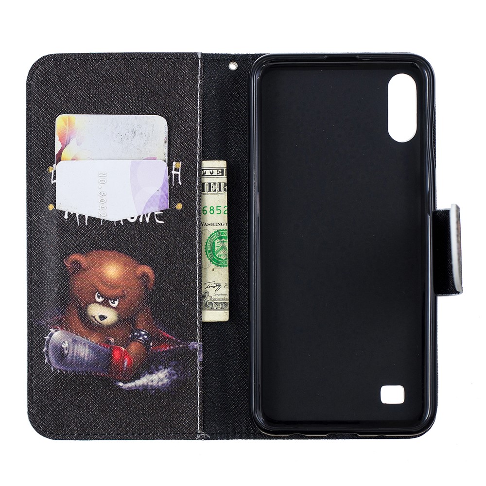 Pattern Printing Leather Wallet Case for Samsung Galaxy A10 - Brown Bear and Warning Words-8