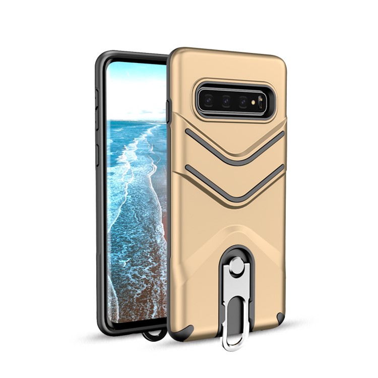

For Samsung Galaxy S10 Plus TPU Matte PC Hybrid Phone Casing with Metal Kickstand - Gold, Galaxy S10 Plus