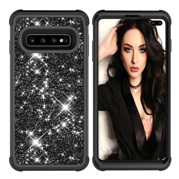 Glitter Powder Coated PC Silicone Shockproof Hybrid Case for Samsung Galaxy S10 Plus - All Black-5