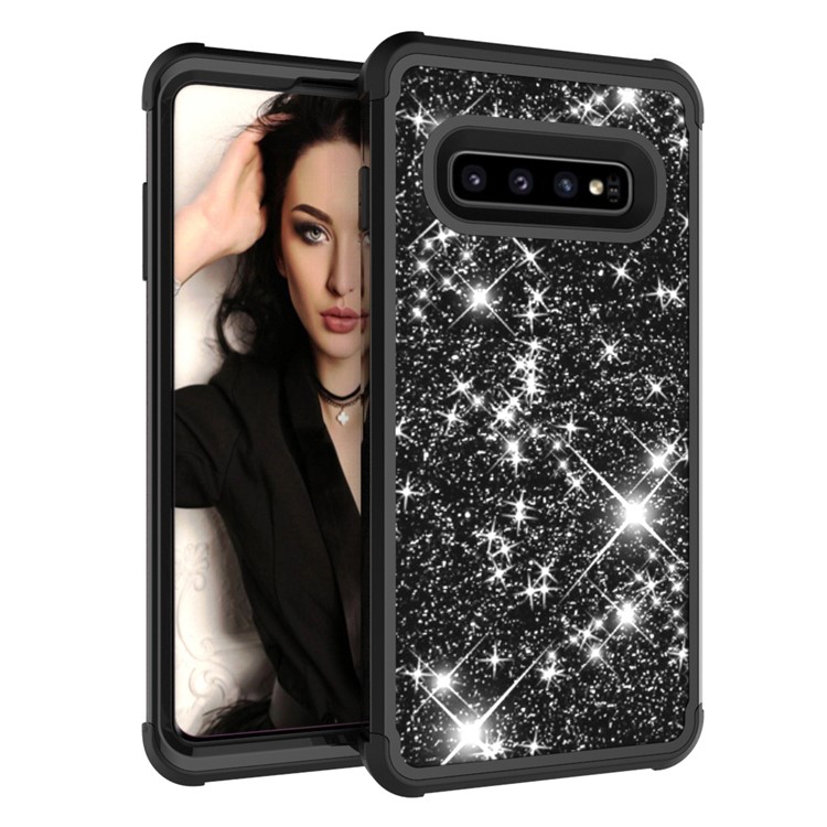 Glitter Powder Coated PC Silicone Shockproof Hybrid Case for Samsung Galaxy S10 Plus - All Black-6