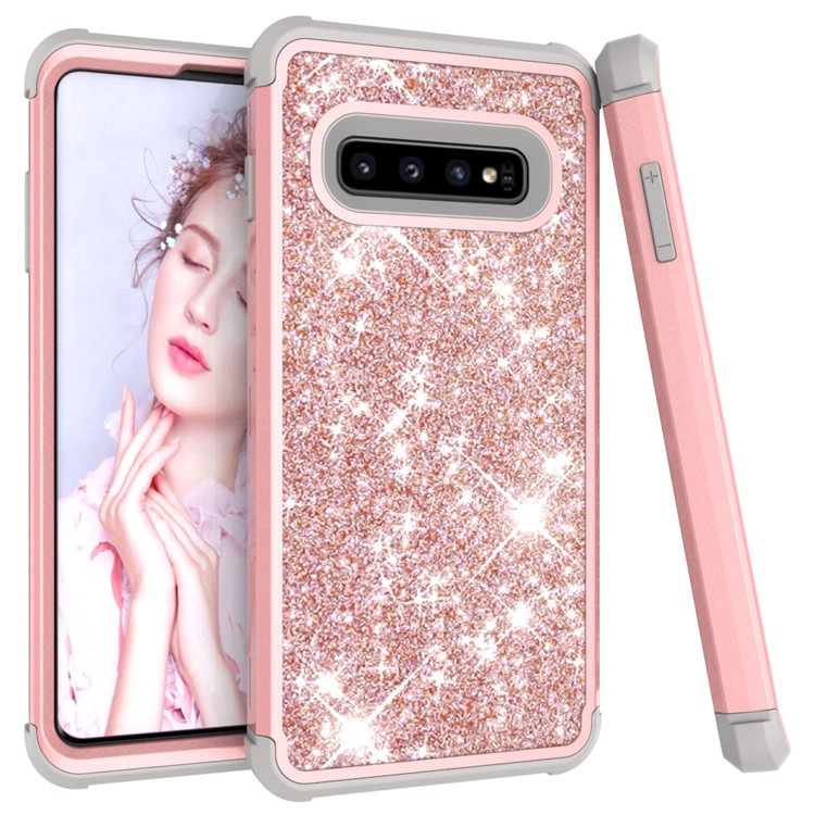 

[Glitter Powder Coated] PC Silicone Shockproof Hybrid Cover for Samsung Galaxy S10 - Grey / Rose Gold, Galaxy S10