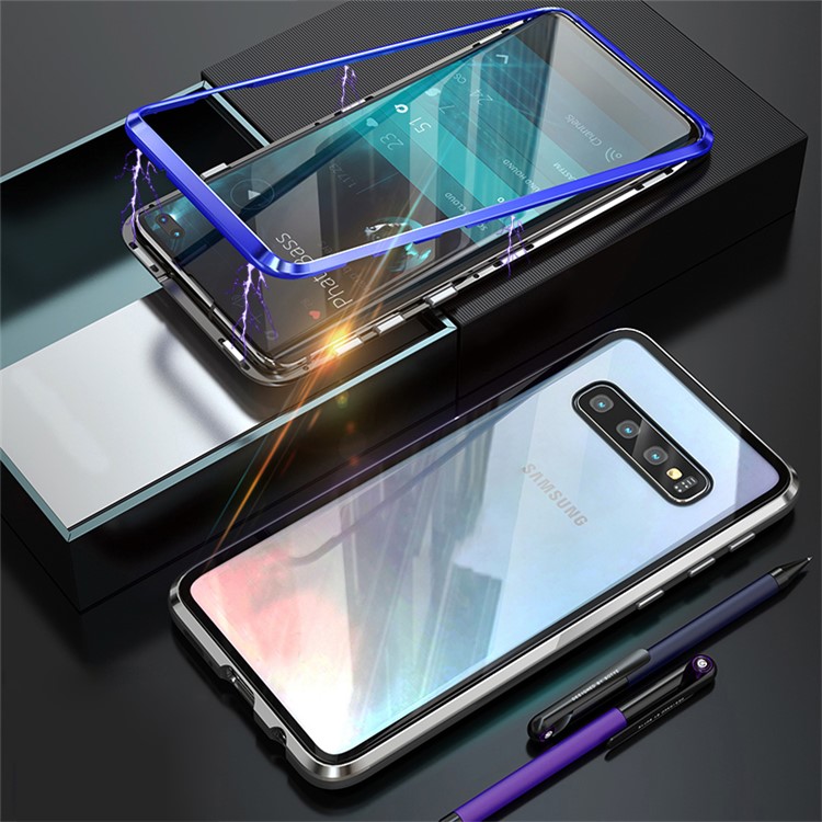 Detachable Magnetic Metal Frame + Tempered Glass Back Protection Hard Shell for Samsung Galaxy S10e - Black / Blue-2