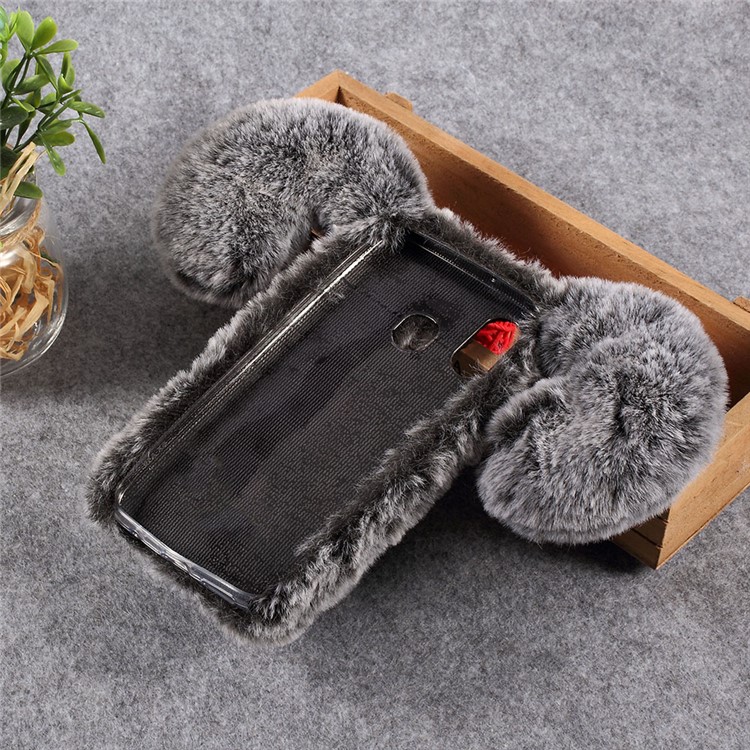 Dog Pattern Fluffy Fur Coated TPU Back Case for Samsung Galaxy A40 - Grey-2