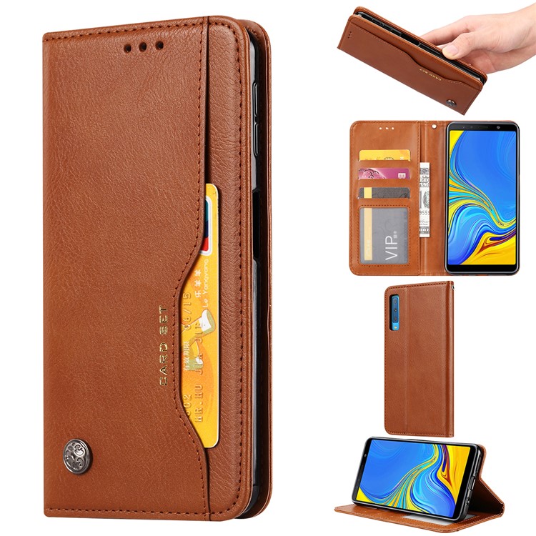 Auto-absorbed Classic PU Leather Cell Phone Case for Samsung Galaxy A70 - Brown-1