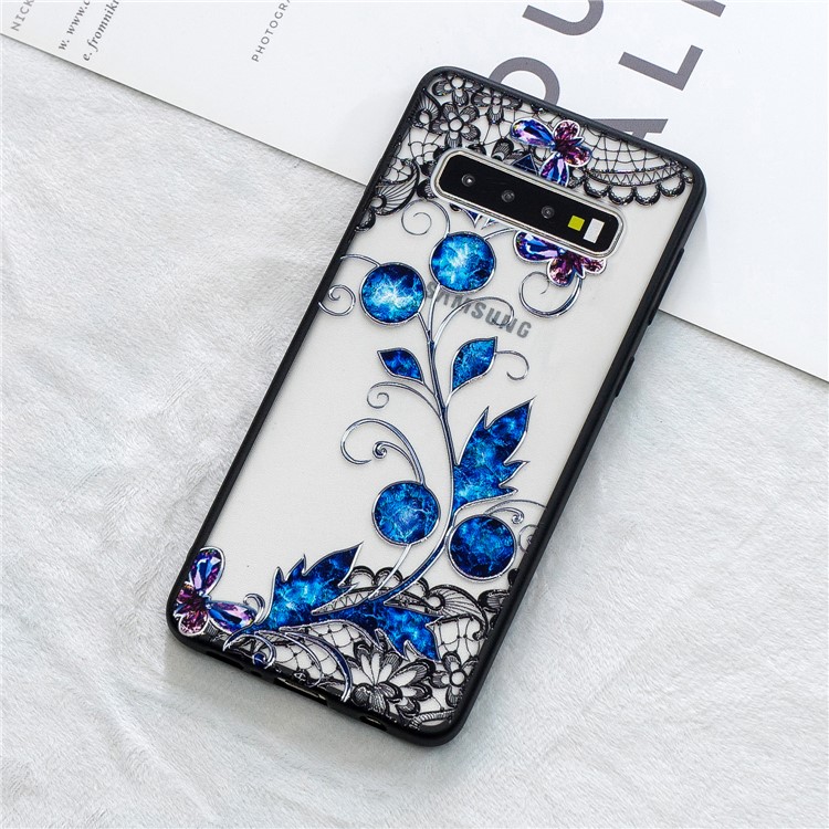 Lace Embossment Pattern PC TPU Hybrid Case for Samsung Galaxy S10 -  Butterfly and Floret-1