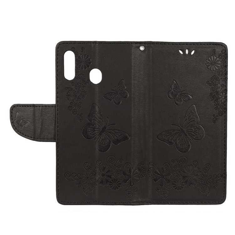 Imprint Butterfly Flowers Leather Stand Cell Phone Case for Samsung Galaxy M20 - Black-5