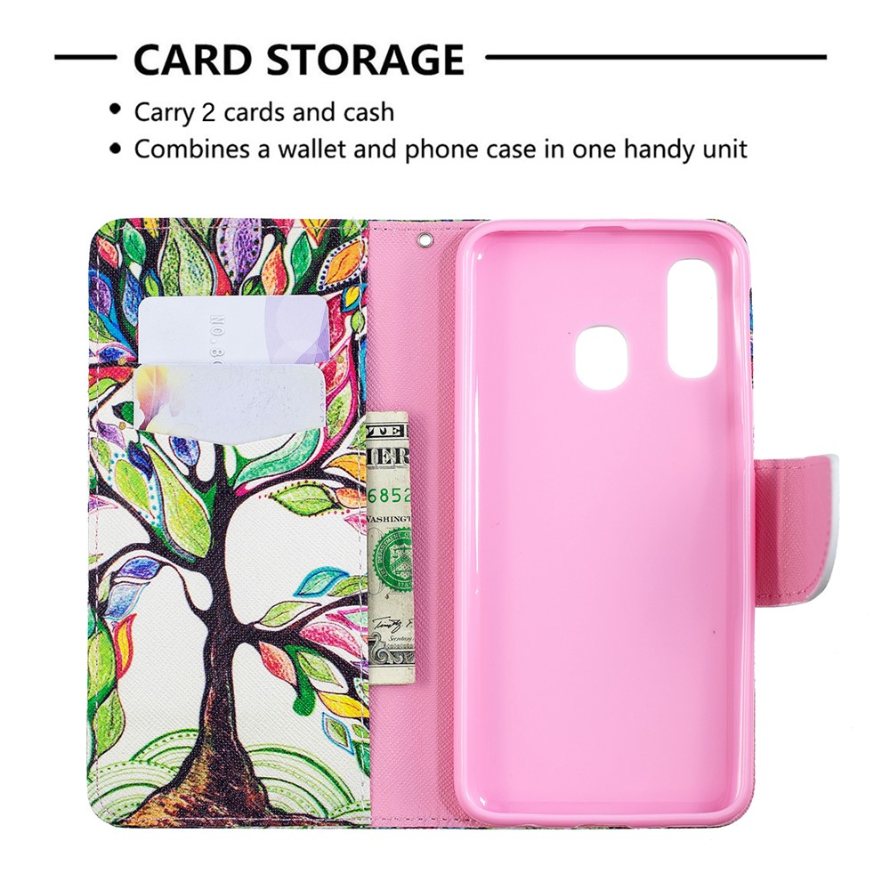 Pattern Printing Leather Wallet Case for Samsung Galaxy A40 - Colorized Tree-3