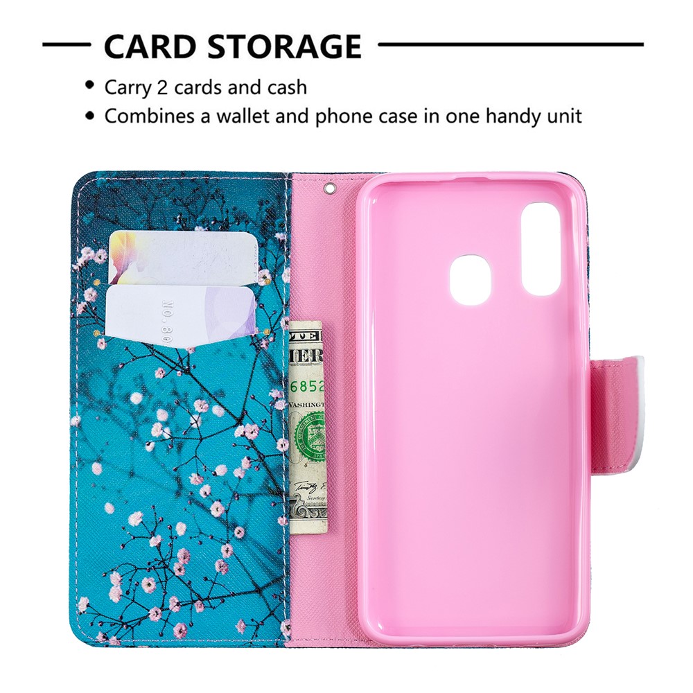 Caso De Carteira De Couro De Impressão Padrão Para Samsung Galaxy A40 - Árvore Com Flores-3