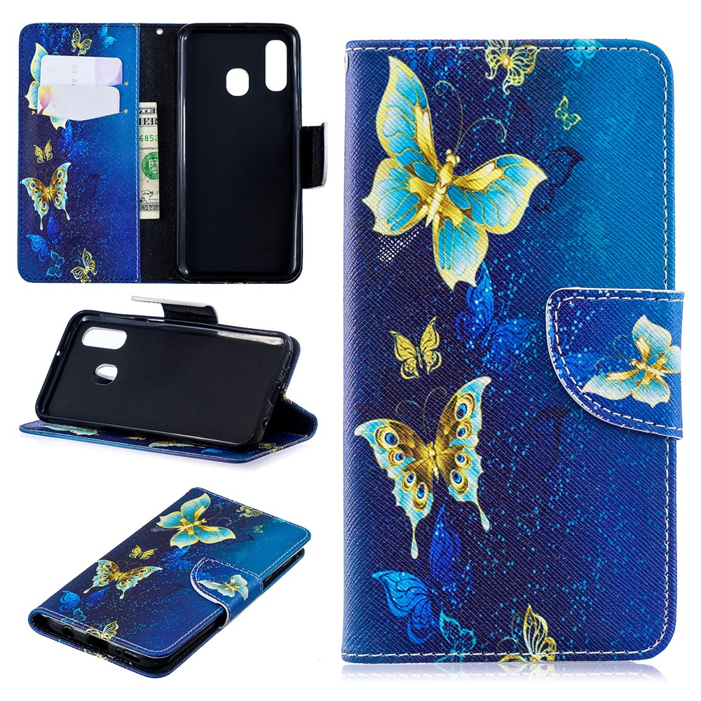 Musterdruck PU-lederner Handyfallfall Für Samsung-Galaxie A40 - Blaue Schmetterlinge-1