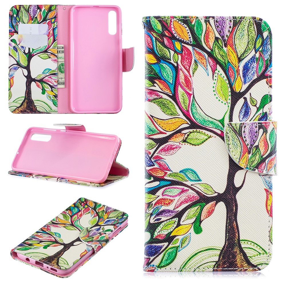 Pattern Printing PU Leather Wallet Stand Flip Cover for Samsung Galaxy A70 - Colorized Tree-1