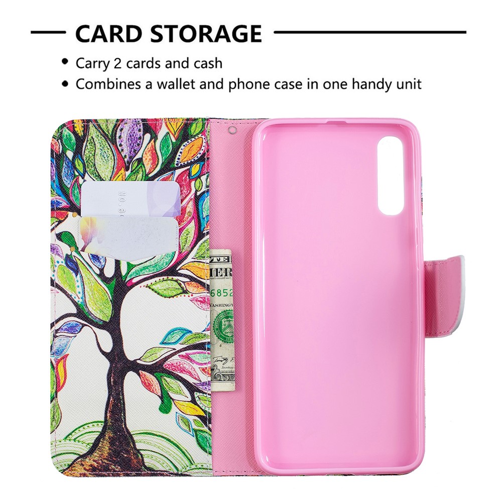 Pattern Printing PU Leather Wallet Stand Flip Cover for Samsung Galaxy A70 - Colorized Tree-3