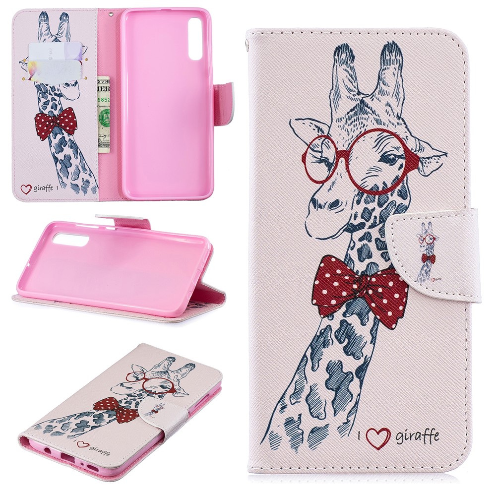 Stampa Del Modello Portafoglio In Pelle PU Copertura Di Vibrazione Per Samsung Galaxy A70 - Giraffa Con Gli Occhiali-1