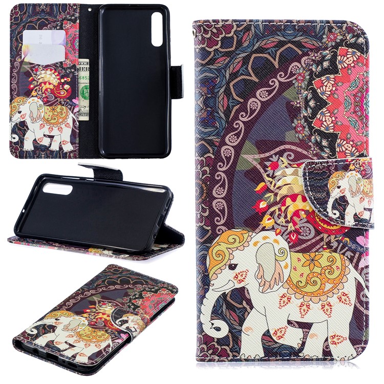 For Samsung Galaxy A70 Pattern Printing PU Leather Stand Phone Cover - Elephant and Peacock-1