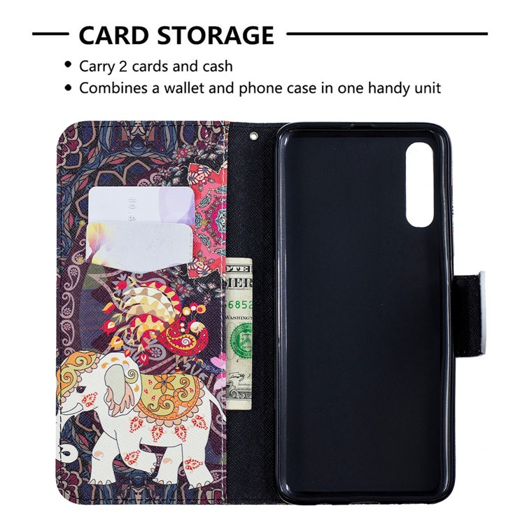 For Samsung Galaxy A70 Pattern Printing PU Leather Stand Phone Cover - Elephant and Peacock-3