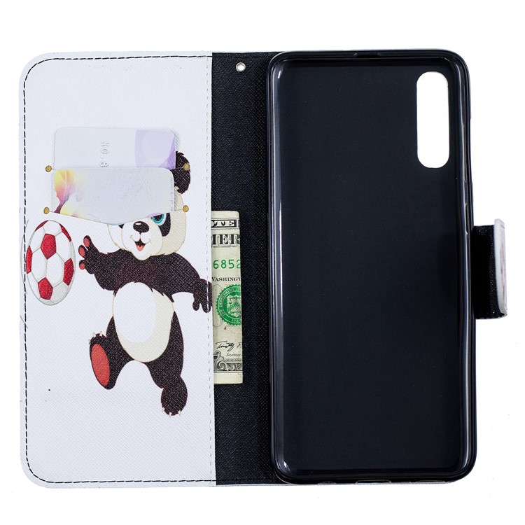 For Samsung Galaxy A70 Pattern Printing PU Leather Stand Phone Cover - Panda Playing Football-10