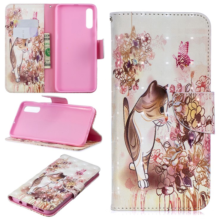 For Samsung Galaxy A70 Pattern Printing PU Leather Wallet Mobile Case - Cat and Flower-1