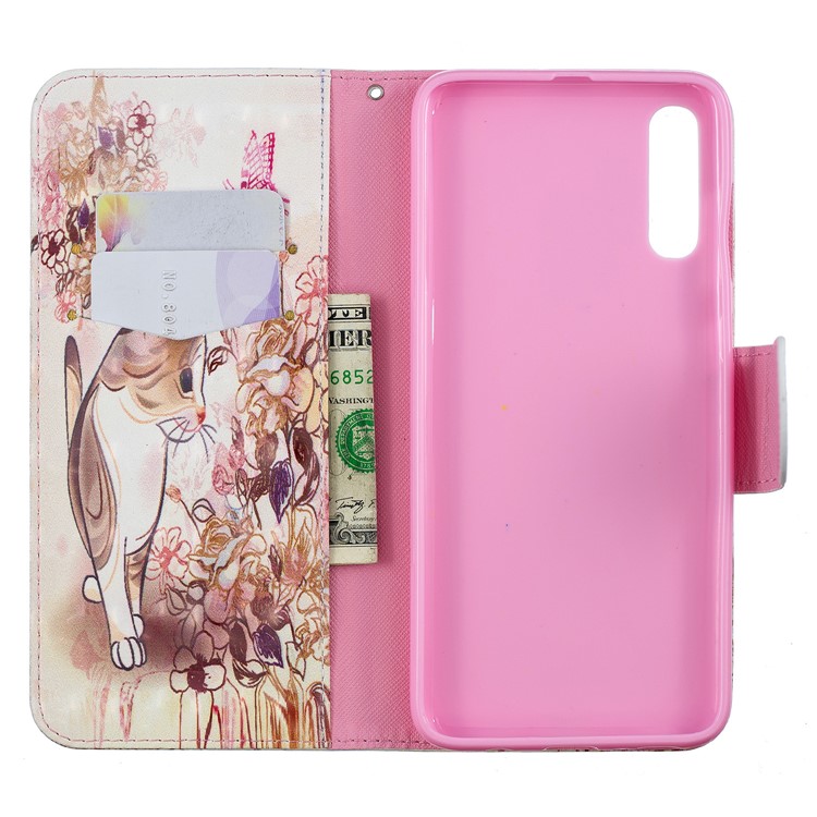 For Samsung Galaxy A70 Pattern Printing PU Leather Wallet Mobile Case - Cat and Flower-10