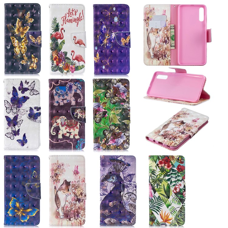 For Samsung Galaxy A70 Pattern Printing PU Leather Wallet Mobile Case - Cat and Flower-11