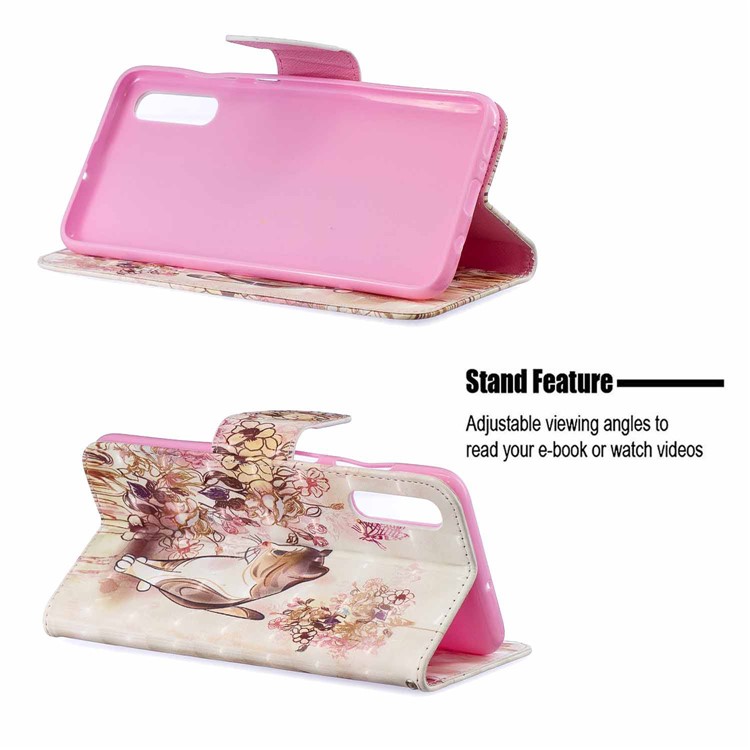For Samsung Galaxy A70 Pattern Printing PU Leather Wallet Mobile Case - Cat and Flower-2