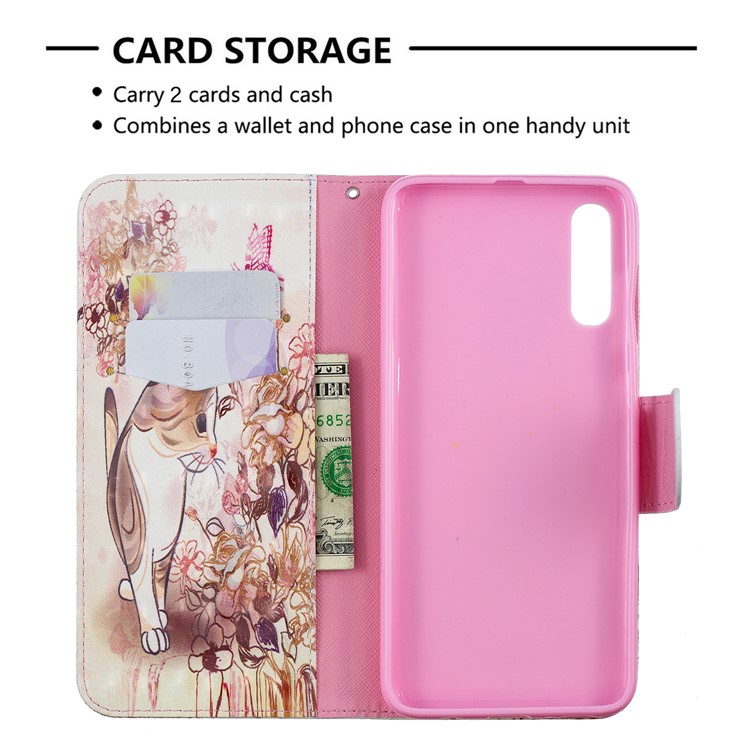 For Samsung Galaxy A70 Pattern Printing PU Leather Wallet Mobile Case - Cat and Flower-3