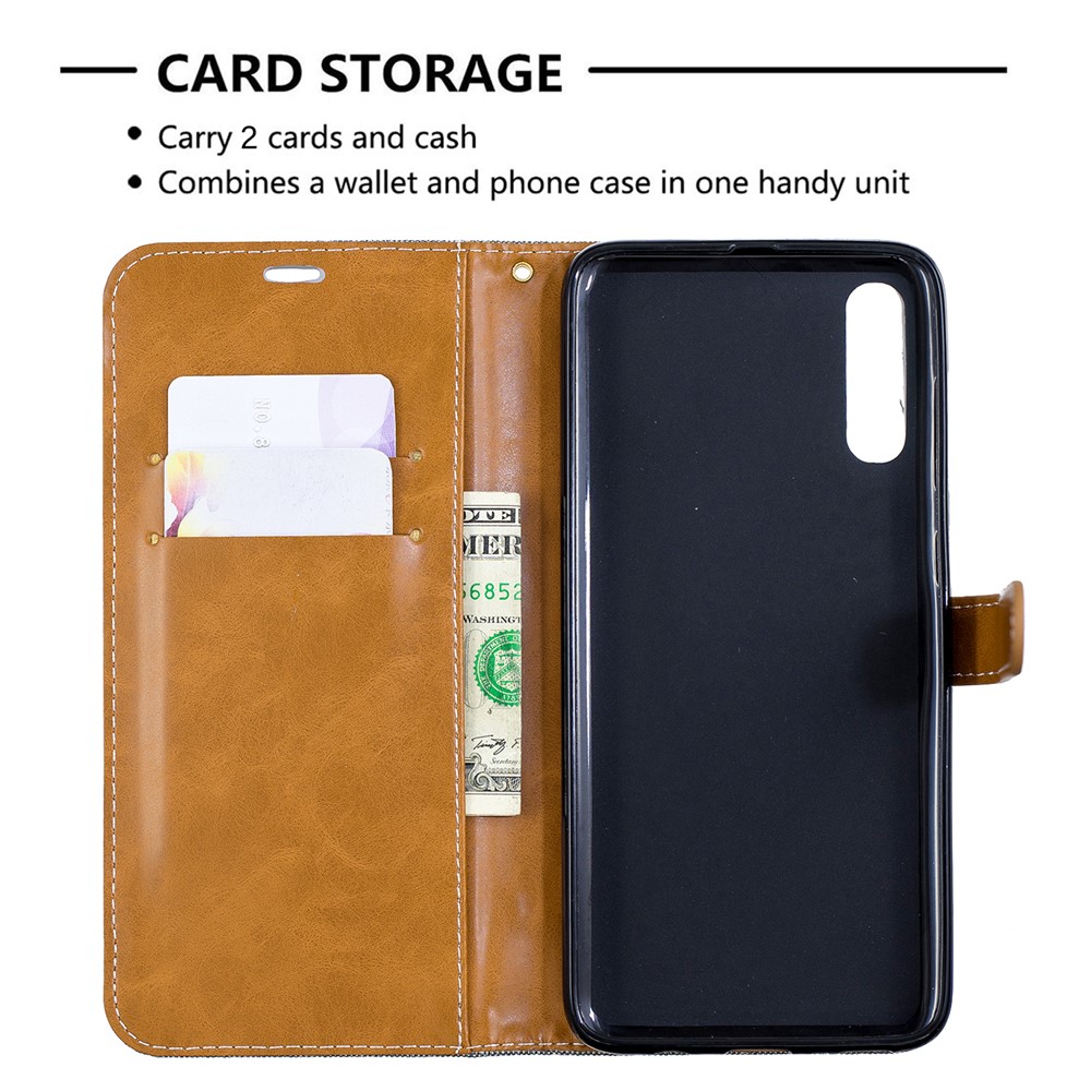 Funda De Piel Sintética Con Dos Tonos De Jean PU Para Samsung Galaxy A70 - Gris-11