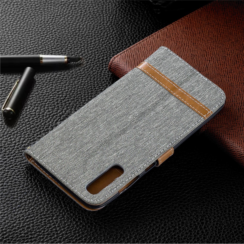 Funda De Piel Sintética Con Dos Tonos De Jean PU Para Samsung Galaxy A70 - Gris-4