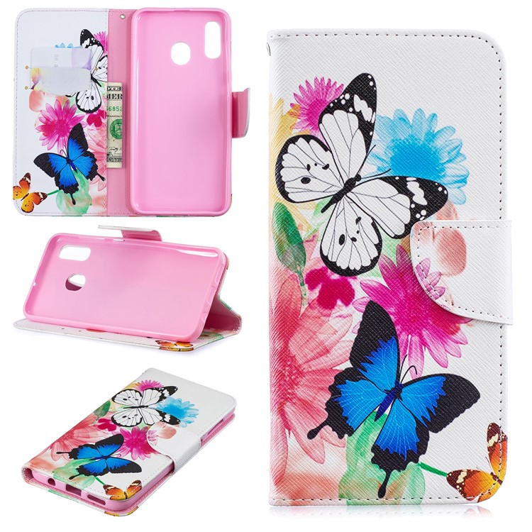 Cubierta De Cuero De La PU De La Impresión Del Patrón Para La Galaxia A20 De Samsung / A30 - Mariposas Y Flores-1