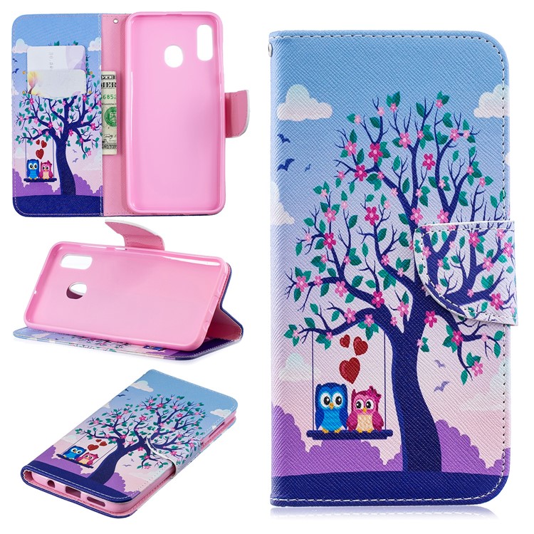 For Samsung Galaxy A20 / A30 Pattern Printing Leather Stand Wallet Case - Tree and Owls-1