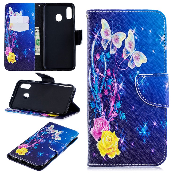 Pour Samsung Galaxy A20 / Etui Portefeuille En Cuir Avec Motif A30 - Roses Et Papillons-1