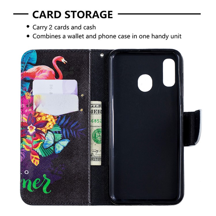 Pattern Printing Leather Wallet Case for Samsung Galaxy A20/A30 - Crane and Flowers-3