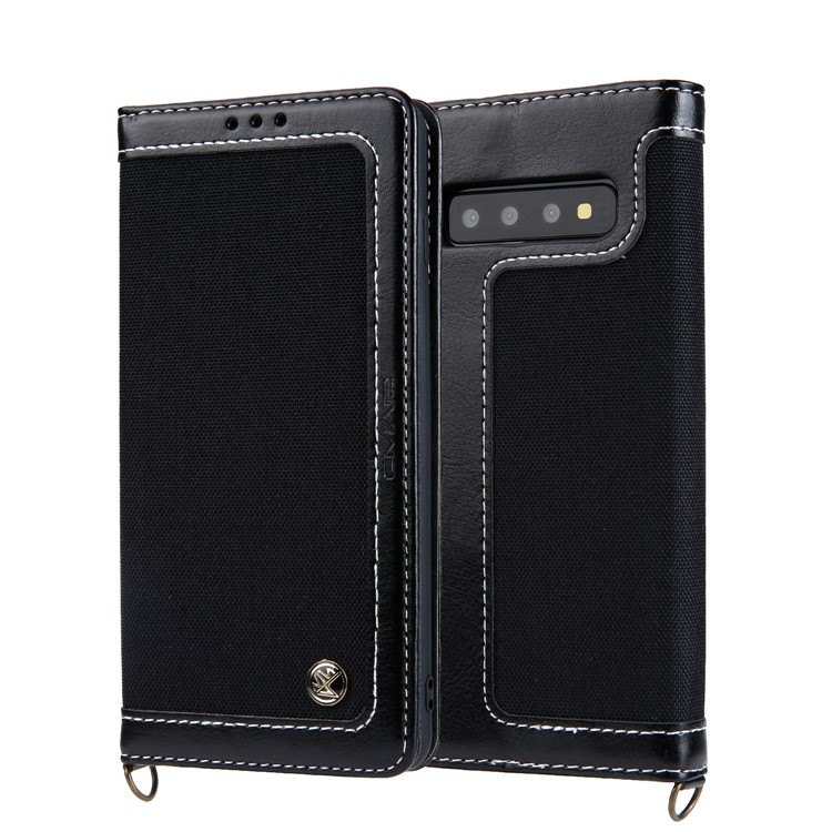 CMAI2 Jeans Cloth PU Leather Wallet Case with Hand Strap for Samsung Galaxy S10 Plus - Black-1